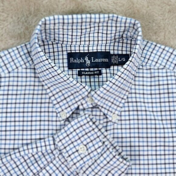 Ralph Lauren Dress Shirt Classic Fit Plaid Checkered Blue Pony Logo Mens Size L - Picture 1 of 10